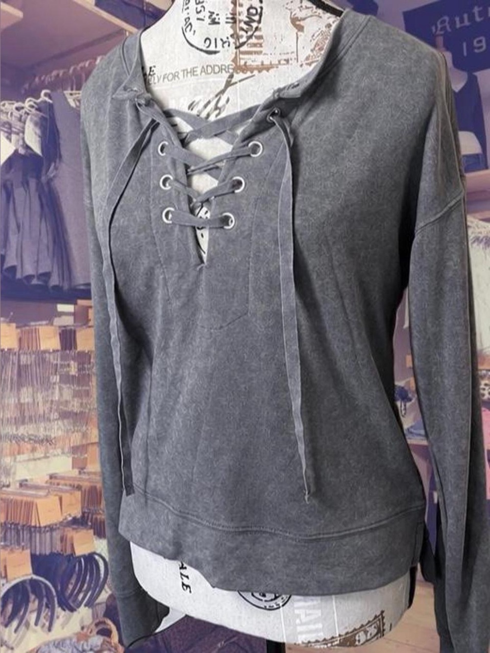 Mudd Acid Wash Lace Up Sweatshirt Longsleeve Gray Grunge Top Size Extra Small 🖤